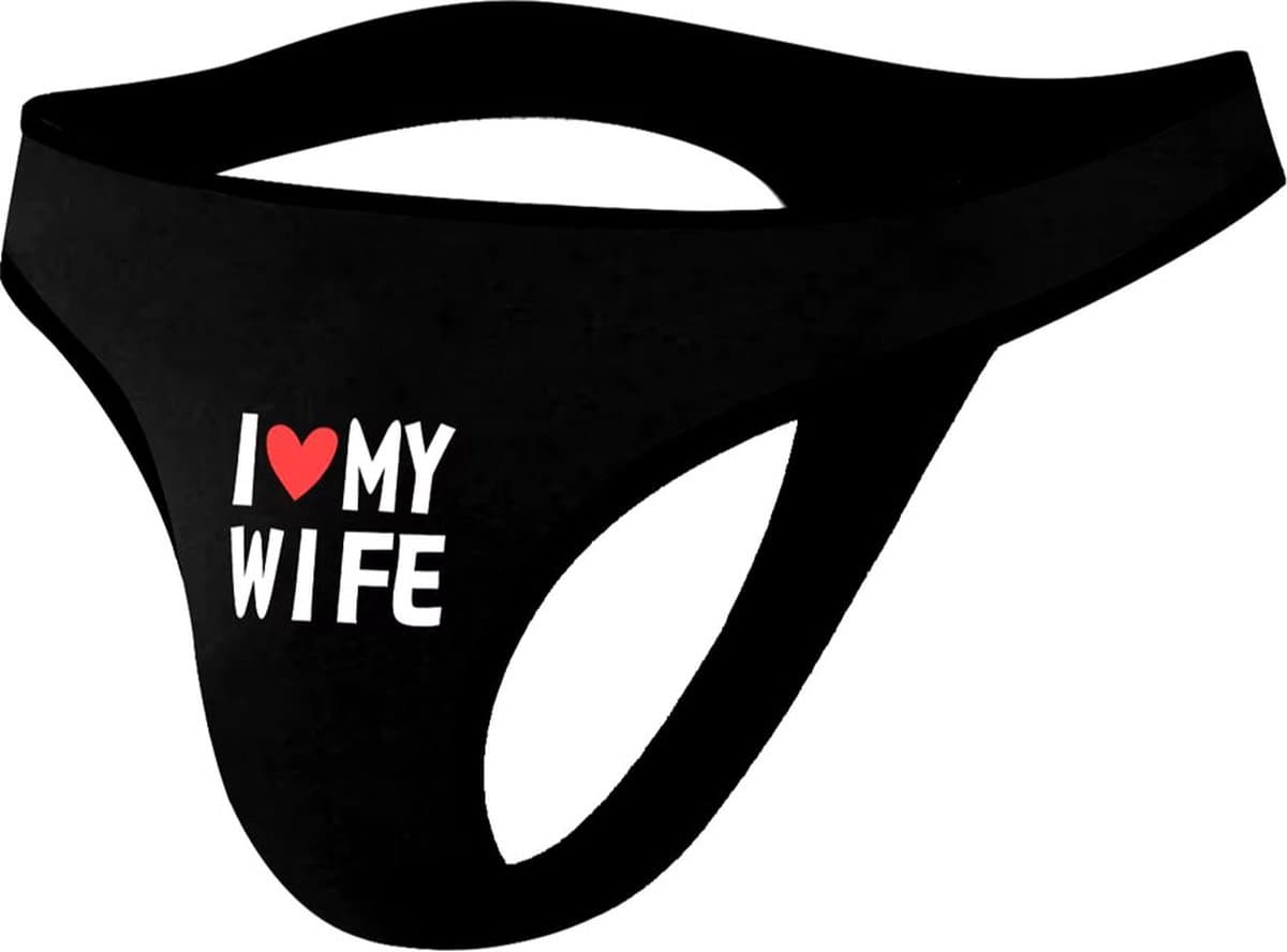 Sexy Zwarte Heren String – Lage Taille, Ademend Ondergoed met I Love My Wife Print — afbeelding 1
