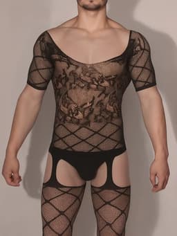LekkerStout Heren Body met Netkousen - Zwart - Sexy Herenlingerie | S-L | ( LS166 ) — thumbnail 5