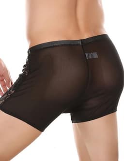 Zwarte Kanten Boxershort voor Mannen – Sexy Lange Pijpen Boxershort met Transparant Kant - Maat L - Black Transparent Lace Boxer Shorts for Men — thumbnail 4