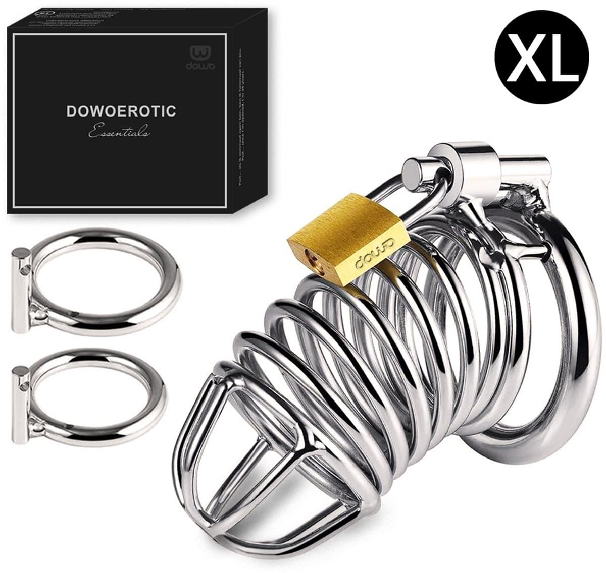 DOWO® - Kuisheidskooi - Metaal - Peniskooi - Kuisheidskooi voor Mannen - Chastity cage - Staal - met Premium Messing Slot - 2 Koningsmaaten XL — afbeelding 1
