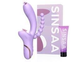 Sinsaa Tarzan Vibrator - Rabbit Vibrator – G-Spot & Luchtdruk Clitoris Stimulator – Anaal kralen - Vibrators voor vrouwen - 10 Vibratiesnelheden & 5 Zuigfunctie snelheden - Inclusief glijmiddel – Lana - Paars