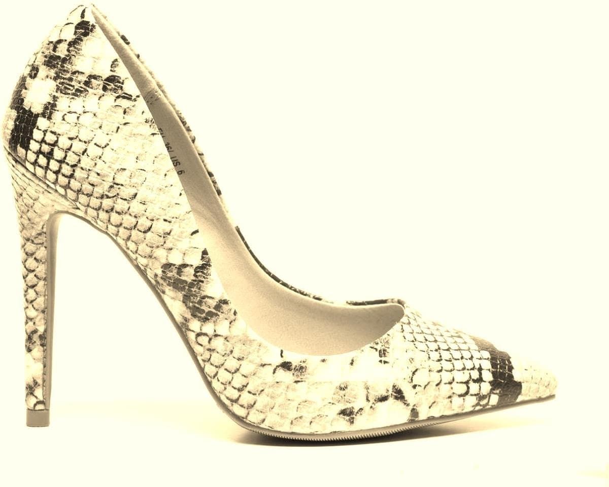 Sexy damesschoen pump in slangenprint beige met zwart high heels killer heels — afbeelding 1