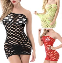 LOUZIR Sexy Gaatjes Rok | Sexy Gaatjes Jurk | Sexy Nachtjurkje Met Gaatjes | Elastisch off-shoulder jurkje met grote gaten | zwart — thumbnail 1