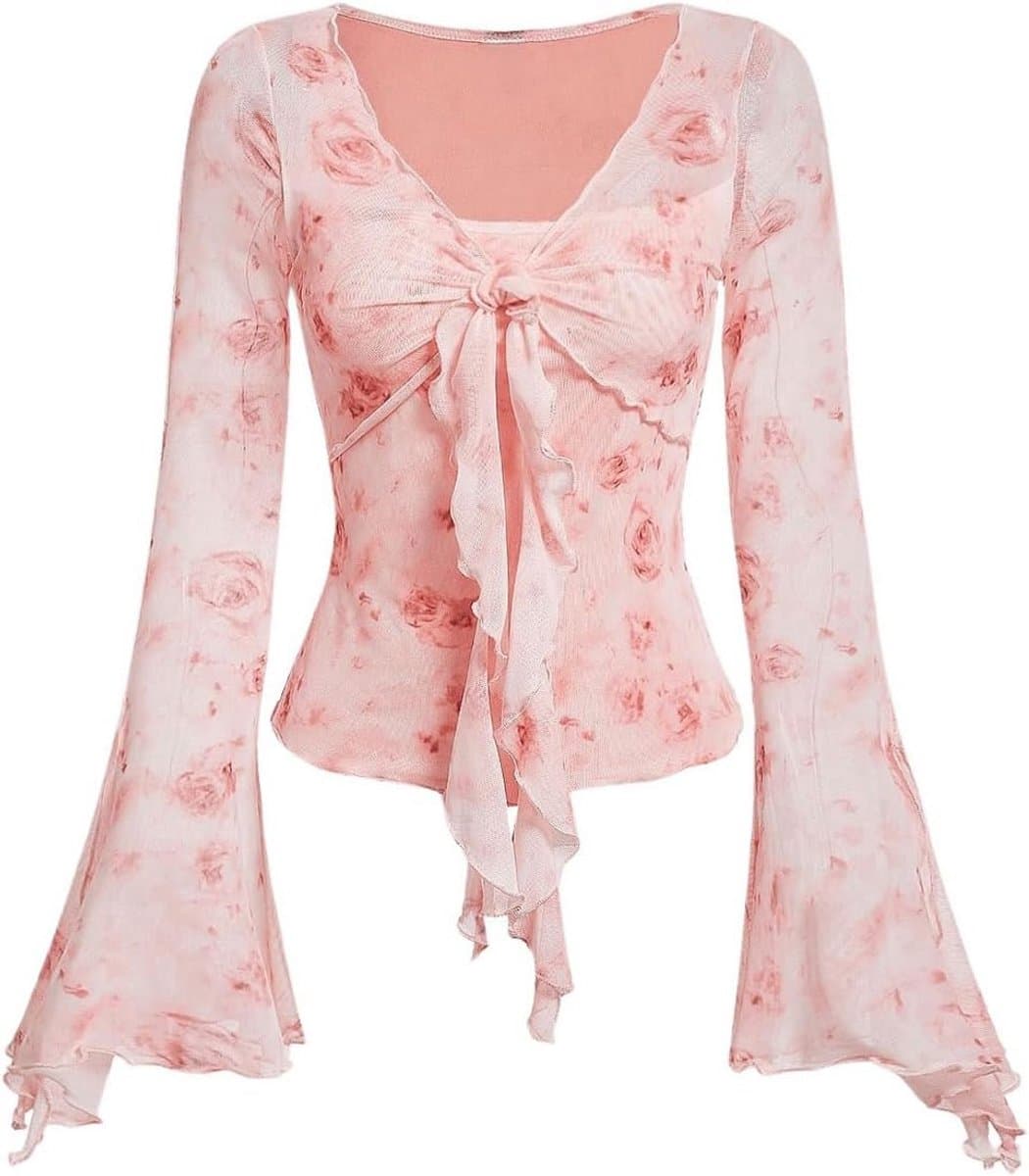 Elegante Dames T-shirt met Bloemenprint en Pofmouwen Lange Mouwen — afbeelding 1