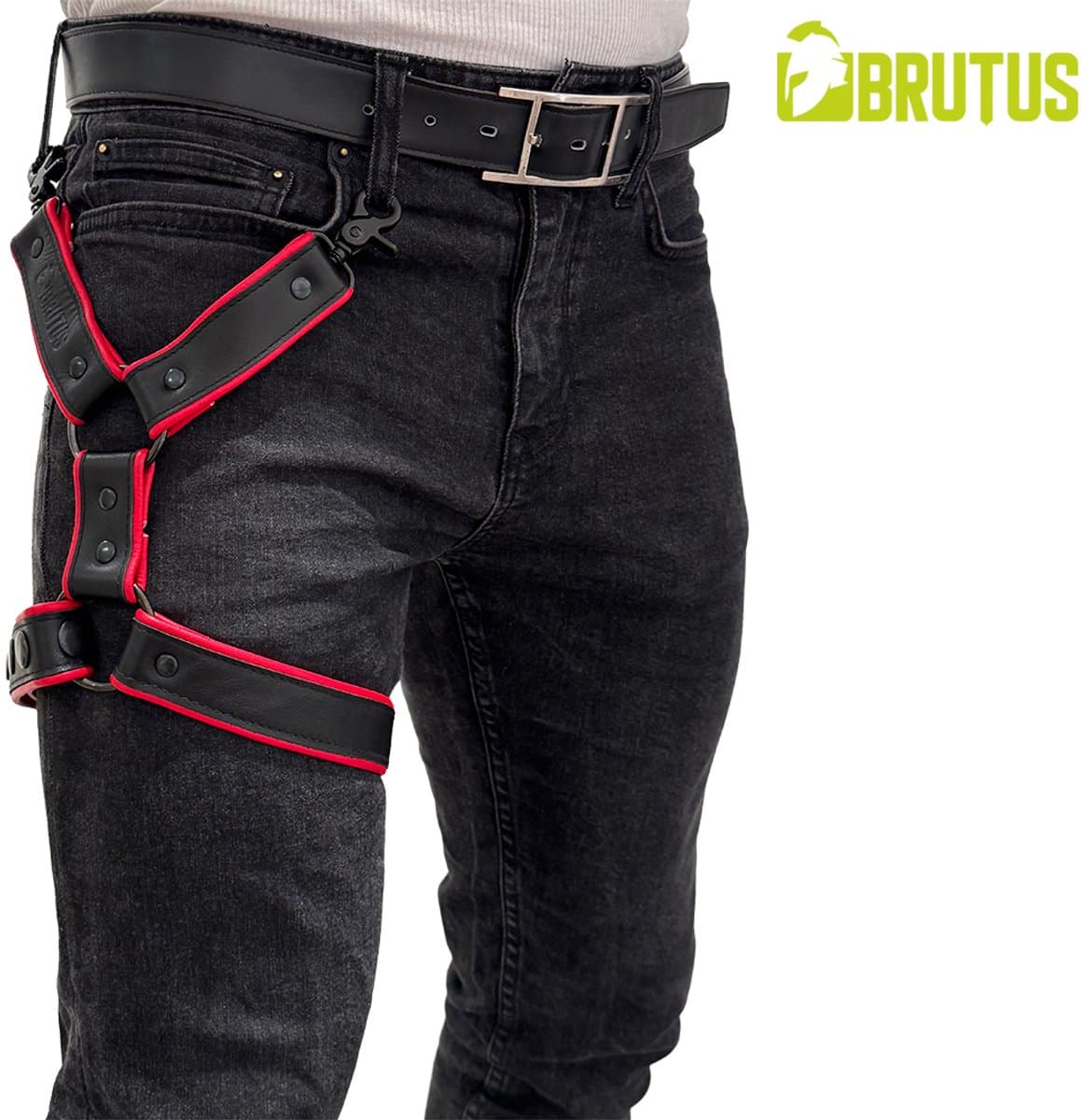 BRUTUS Leather Leg Harness Black-Red — afbeelding 1