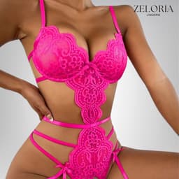 Zeloria Mirella Lingerie Set met Open Kruis – Luxe Kant Bodysuit met Bandjes – Roze – S — thumbnail 1