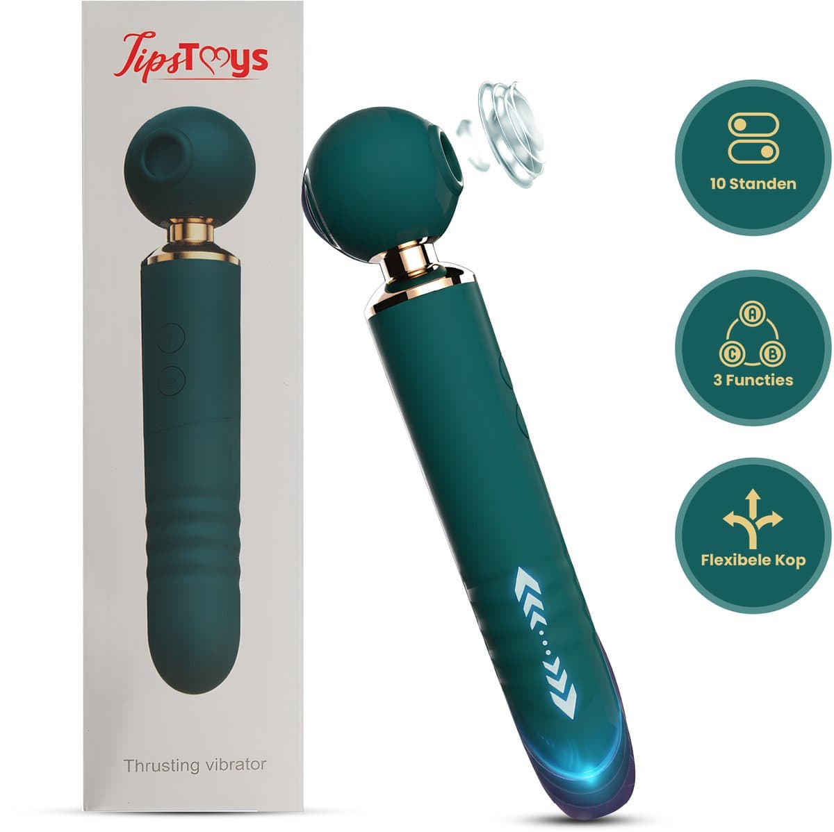 TipsToys® 3 in-1 Magic Wand - Massage Vibrator - Dildo voor Vrouwen - Flexibele Kop - Clitoris, G Spot en Prostaat Stimulator - Kloppen, Zuiger en Stotende Functie - Anaal & Vagina - Rechargeable - Sex Toys & Sexspeeltjes - Vrouw en Koppels - Groen — afbeelding 1