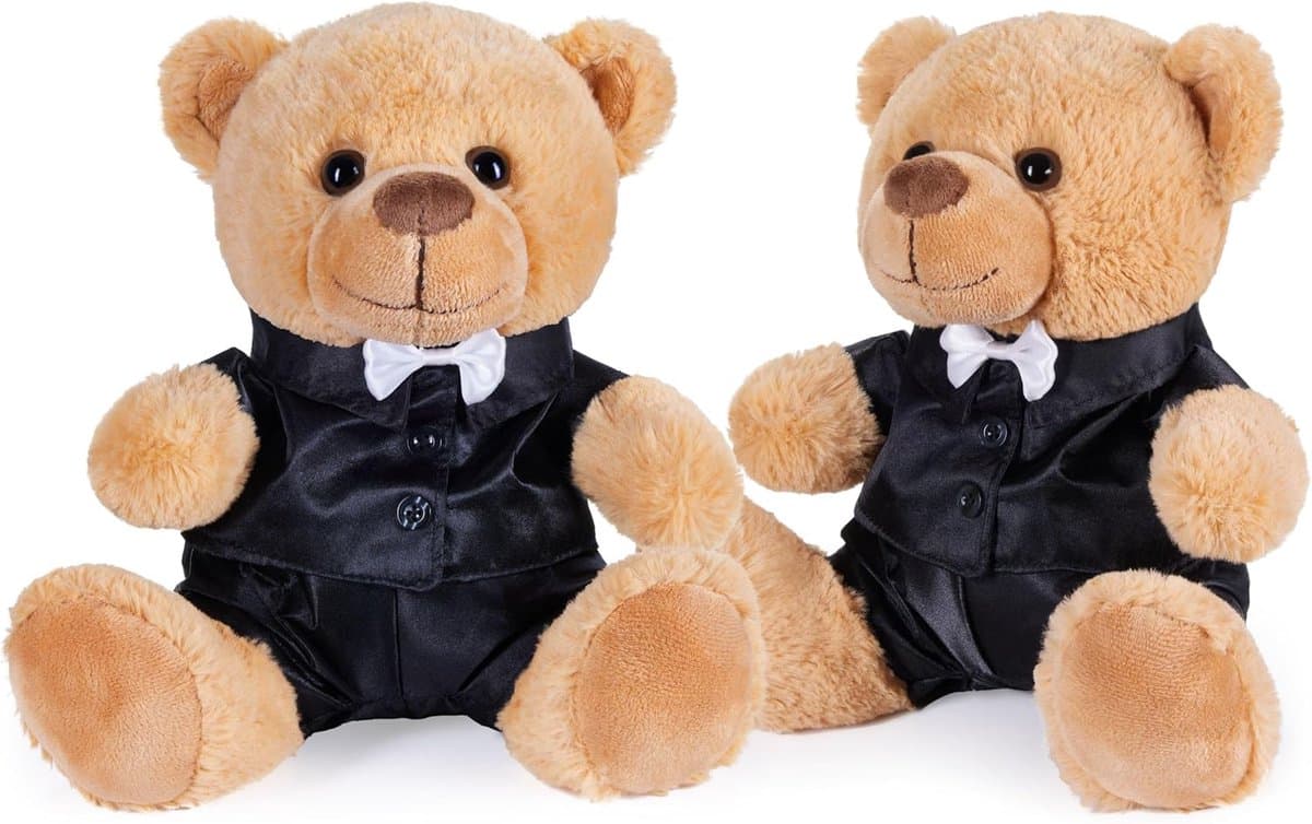 Bruidspaar Knuffels - Teddyberen Set - Cadeau Huwelijk - Elegante Pakken - 25 cm Hoog - Bruin en Zwart — afbeelding 1