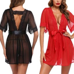 WiseGoods Luxe Sexy Nachthemd - Dames Kimono - Badjas Lingerie - Kleding Erotisch - Cadeau Vrouwen - Satijn Ondergoed - Zwart M/L — thumbnail 3