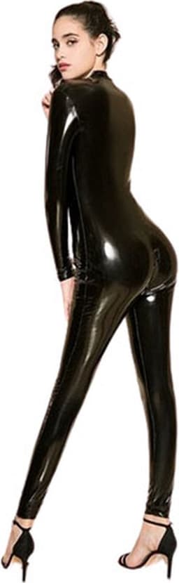 Spandex Jumpsuit - Dames - Rits - PVC - Open Kruis - Bodysuit - Zwart — thumbnail 1