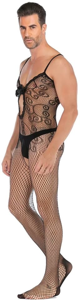 LekkerStout Heren Bodystocking - Zwart - Kant & Visnet - Open Kruis - One Size M–XL | LS116 — thumbnail 3