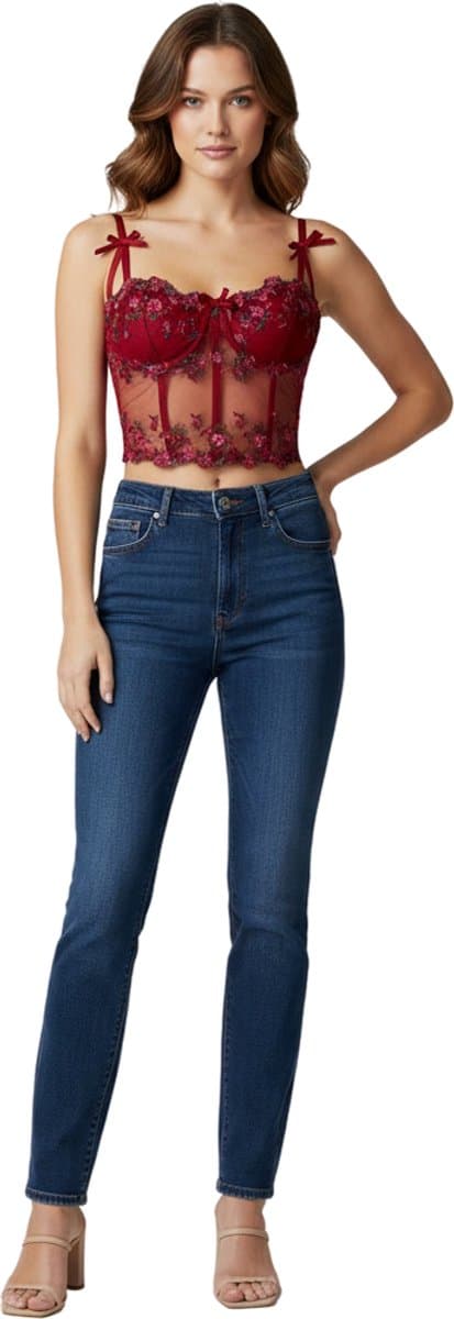 Sexy Lingerie Bustier Dames – Kant Topje met Borduursel – Bordeaux Rood Crop Top — afbeelding 1
