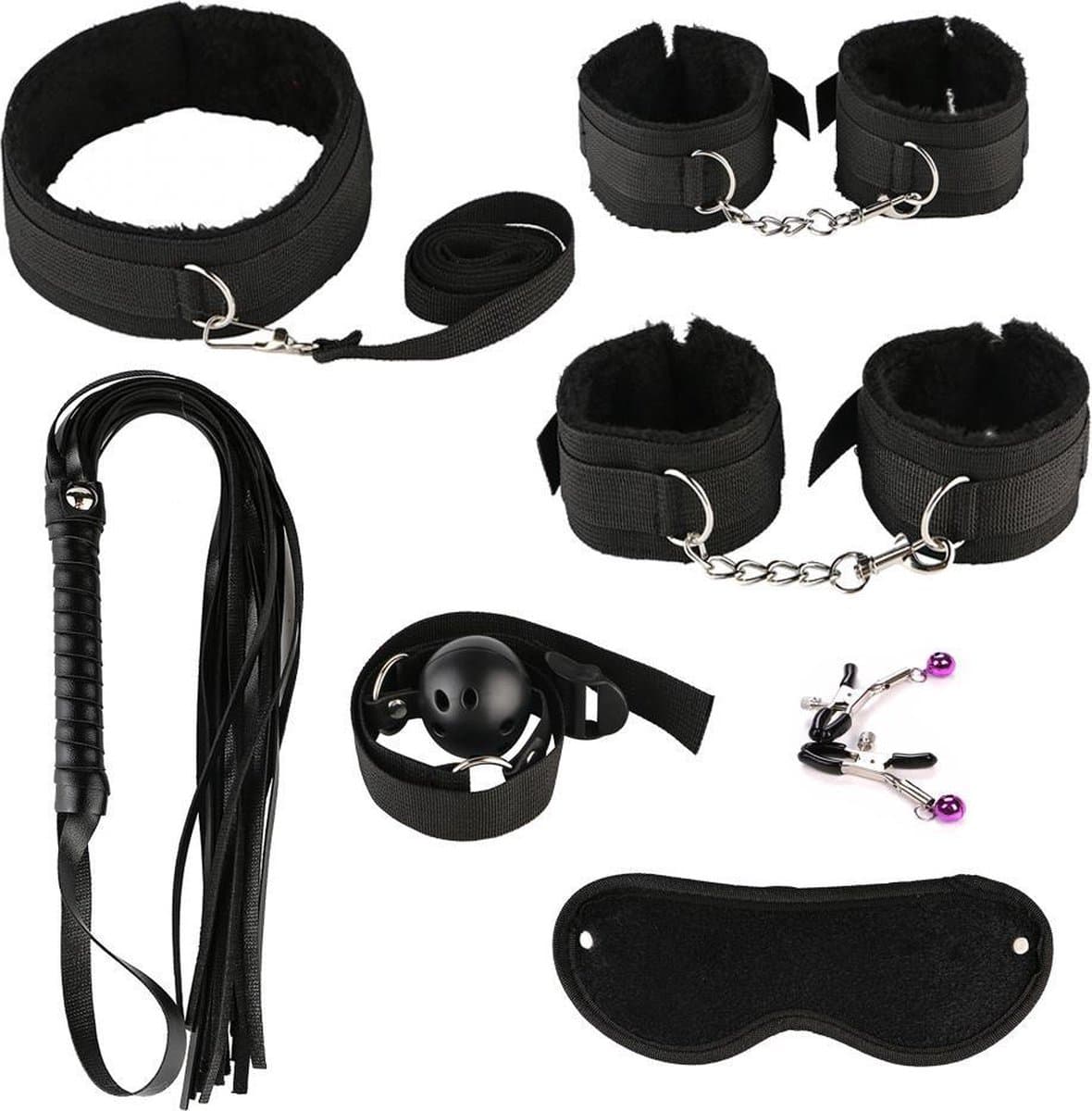 7-Delige Set BDSM Set - Handboeien - Zweep - Sekspeeltjes - Sex Toys - Zwart — afbeelding 1