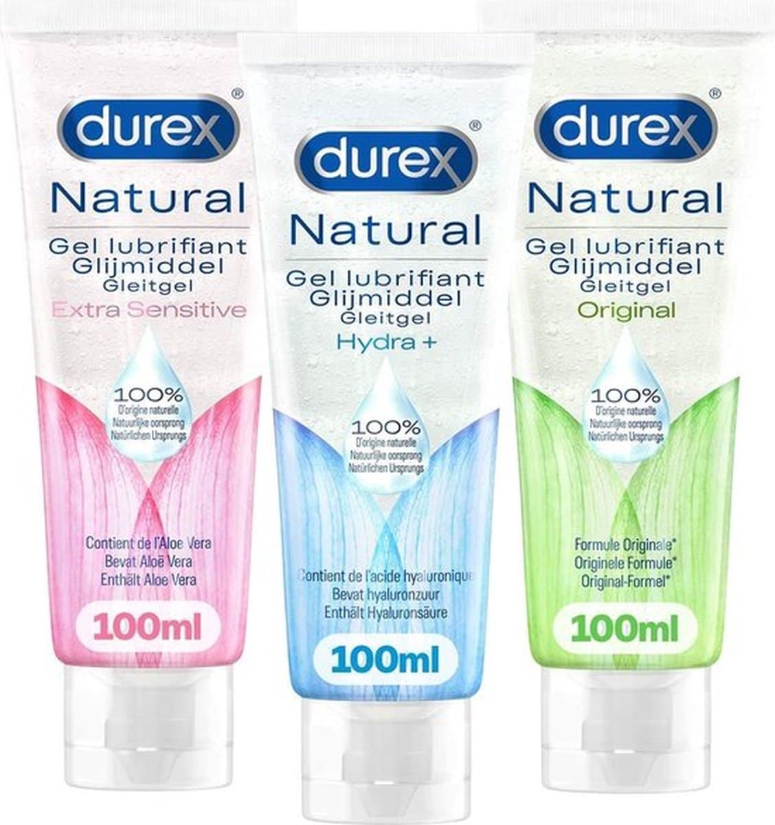 Durex Glijmiddel Natural - 100% natuurlijk - waterbasis - 100 ml + Natural Hydraterend - 100% natuurlijk - waterbasis - 100 ml + Natural - Extra Sensitive - 100% natuurlijk - waterbasis - 100 ml - Glijmiddelen — afbeelding 1