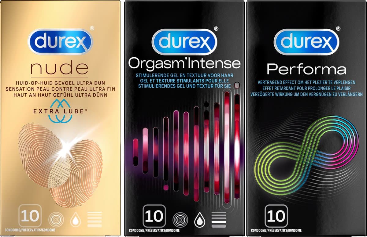 Durex - 30 Condooms - Performa 10st - Nude Extra Lube 10st - Orgasm Intense 10st — afbeelding 1