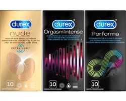 Durex - 30 Condooms - Performa 10st - Nude Extra Lube 10st - Orgasm Intense 10st