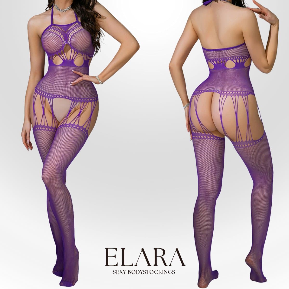 Elara - Lirabelle - Bodystocking Erotische Lingerie met Open Kruis - Catsuit - S t/m XL - Sexy Dames Lingerie - Paars — afbeelding 1
