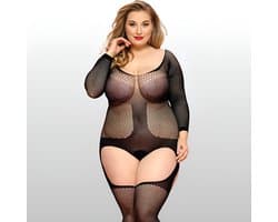 Plus Size Visnet Bodystocking Met Open Kruis - Zwart - Sexy Lingerie - One Size L-XXL (40-44) | LS014