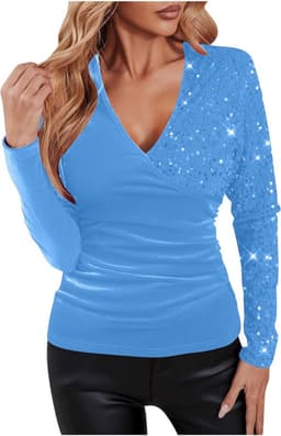 Luxe Fluwelen Sequin Top met V-Hals voor Dames Lange Mouwen Feestelijk Glanzend Shirt — thumbnail 1