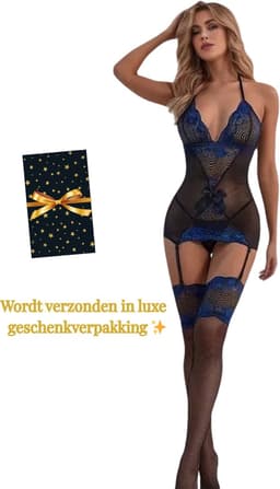Sexy Lingerieset Dames – Erotische Lingerie – Jarretel Jurkje met Kousen – Zwart & Blauw Kant – Catsuit Erotisch – Lingerie Setje met Jarretels – Verleidelijke Lingerie – Sexy Boudoir Look – Kinky en Luxe – Dare to Undress – One Size — thumbnail 1