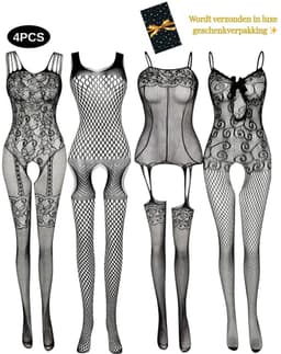 Sexy Lingerieset Dames – Erotische Lingerie – 4-delige Catsuit Set – Open Kruis Bodystockings – Zwarte Lingerie met Kant & Visnet – Verleidelijke Nachtkleding – Plus Size Friendly – One Size voor XS t/m XXL – Dare to Undress – Fierce Seduction – Maat — thumbnail 1