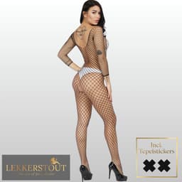 LekkerStout Visnet Catsuit met Driekwart Mouwen - Zwart - Open Kruis - One Size S-L | LS002 — thumbnail 4