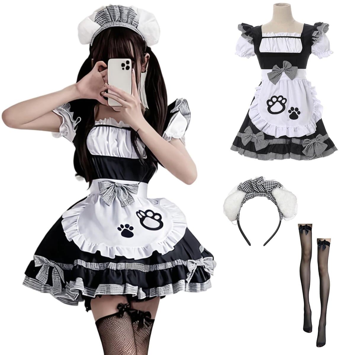 Dailygoods- Maid Outfit Zwart-Wit - Kattenmeid Kostuum - Cosplay Jurk - Dienstmeisjes Kostuum - Meid Jurk met Hoofdband - 5 Maten Beschikbaar — afbeelding 1