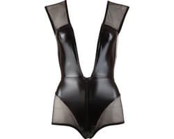 Cottelli Collection –  Body in Combinatie Wetlook en Powernet met Diepe V Hals voor Seductie – Maat S – Zwart