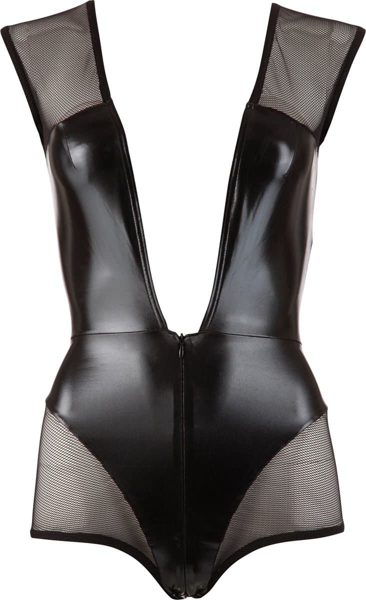 Cottelli Collection –  Body in Combinatie Wetlook en Powernet met Diepe V Hals voor Seductie – Maat S – Zwart — afbeelding 1