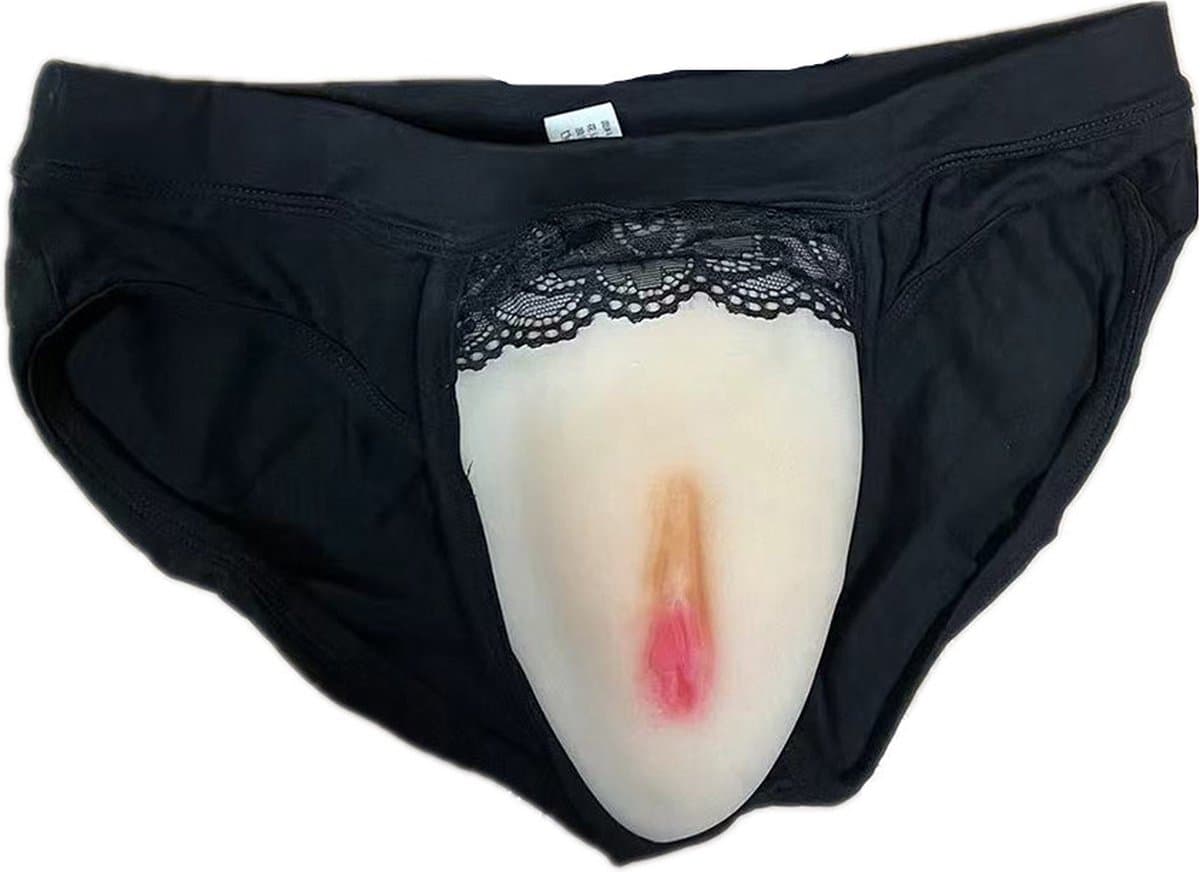 Slip met geïntegreerde 100% hypoallergene medische siliconen - XL - zwart - kanten details - realistisch - nepvagina - kunstvagina - onderlichaam - erotisch ondergoed - geslachtsdeel - cosplay - transgender - femboy - clitoris - elastisch - vulva - — afbeelding 1