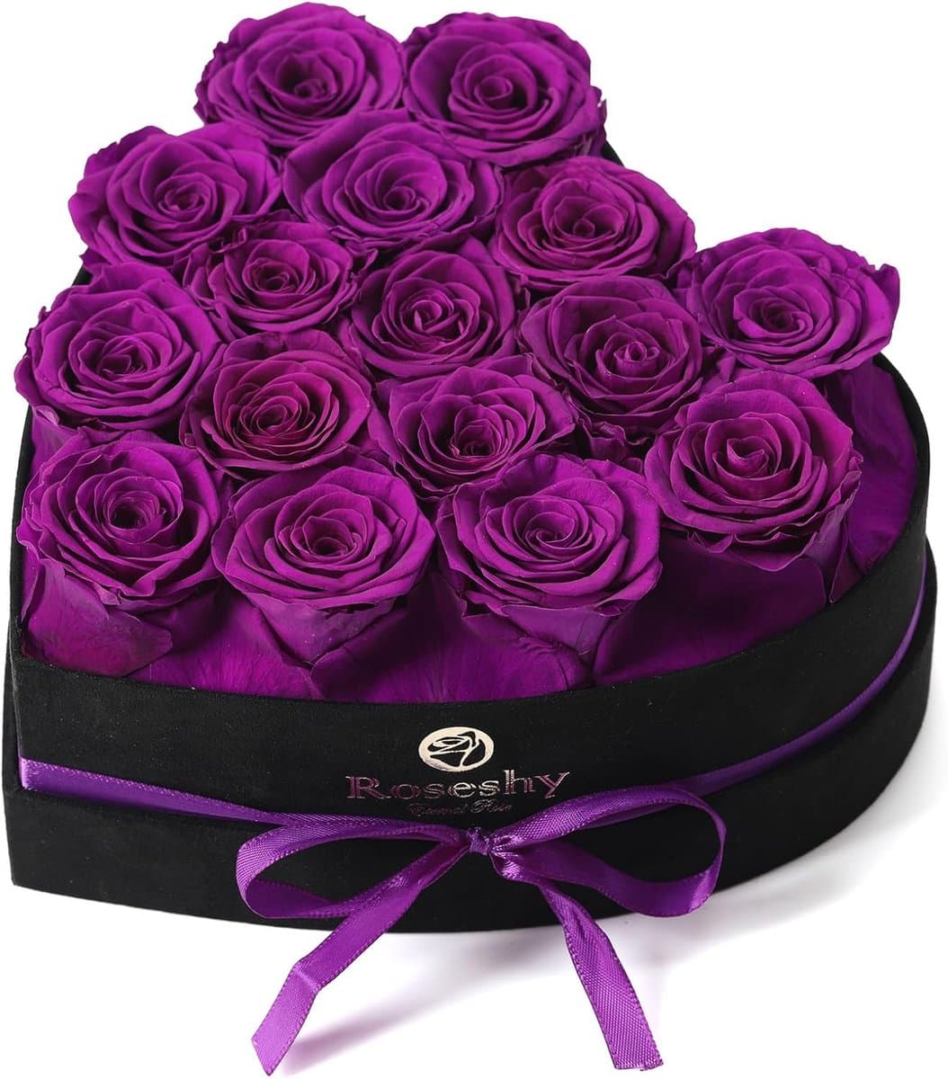 Bewerkte Rozen - Eeuwige Bloemen - Cadeau Geven - Hartvormige Doos - 16 Stuks - Paars — afbeelding 1