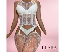 Elara - Miraluna - Bodystocking Erotische Lingerie met Open Kruis - Catsuit - S t/m XL - Sexy Dames Lingerie - Wit
