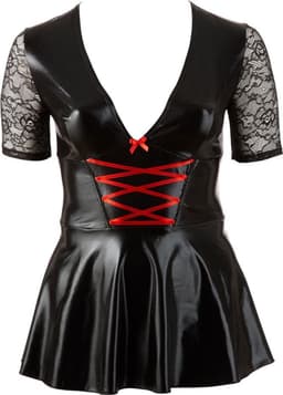 Cottelli Plus Size – Wetlook Mini Jurk met Rode Veters en Diepe Decolleté Kinky en Uitdagend – Maat 2XL – Zwart — thumbnail 4