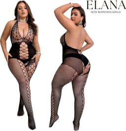 Elana - Selina Plus Size - Bodystocking - Visnet - Zeer Rekbaar - Erotische Lingerie met Open Kruis - Catsuit - L t/m XXL - Sexy Dames Lingerie - Bodysuit — thumbnail 1