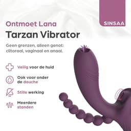 Sinsaa Tarzan Vibrator - Rabbit Vibrator – G-Spot & Luchtdruk Clitoris Stimulator – Anaal kralen - Vibrators voor vrouwen - 10 Vibratiesnelheden & 5 Zuigfunctie snelheden - Inclusief glijmiddel – Lana – Donker Paars — thumbnail 2