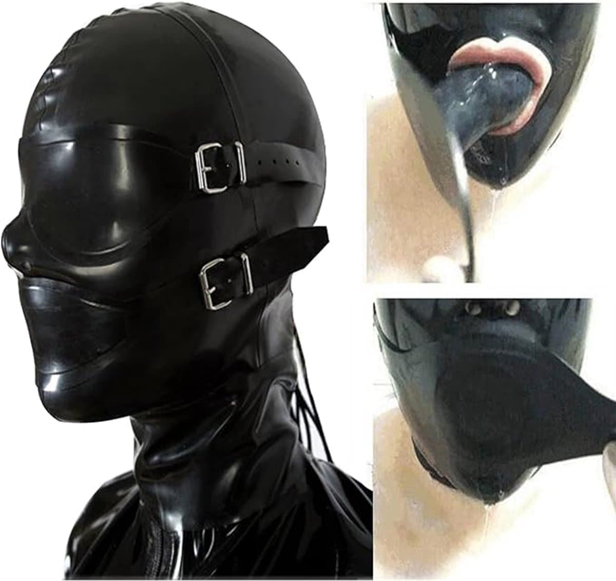 OUYLAF latex masker bdsm - latex bdsm - latex hood - latex masker erotiek - Unisex - Gespen en riemen - latex fetish - oogmasker - bdsm masker - bdsm masker met gag (L) — afbeelding 1