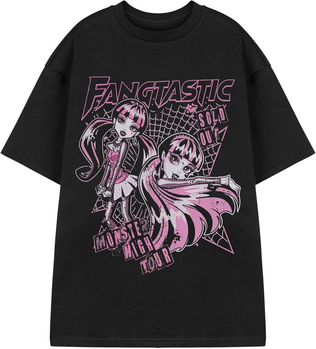 Monster High Draculaura T-shirt met Spinnenweb Motief, Zwart met Roze en Witte Prints, Korte Mouwen, Ronde Hals — afbeelding 1