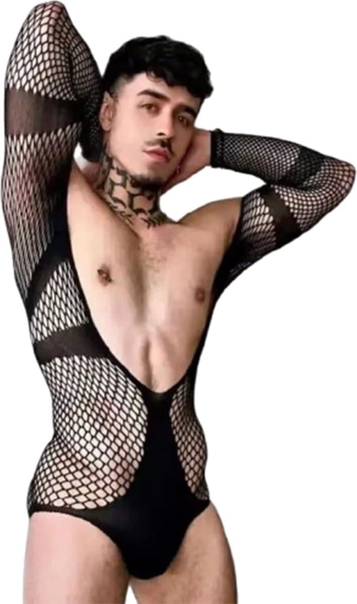 Sexy Heren Visnet Bodysuit - Lingerie met Lange Mouwen voor Mannen - One Size — afbeelding 1