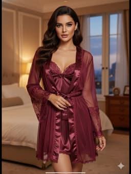 Korte Satijnen Nachtjurk met Tule Kimono – Luxe Dames Lingerie Set - Dark Red — thumbnail 1