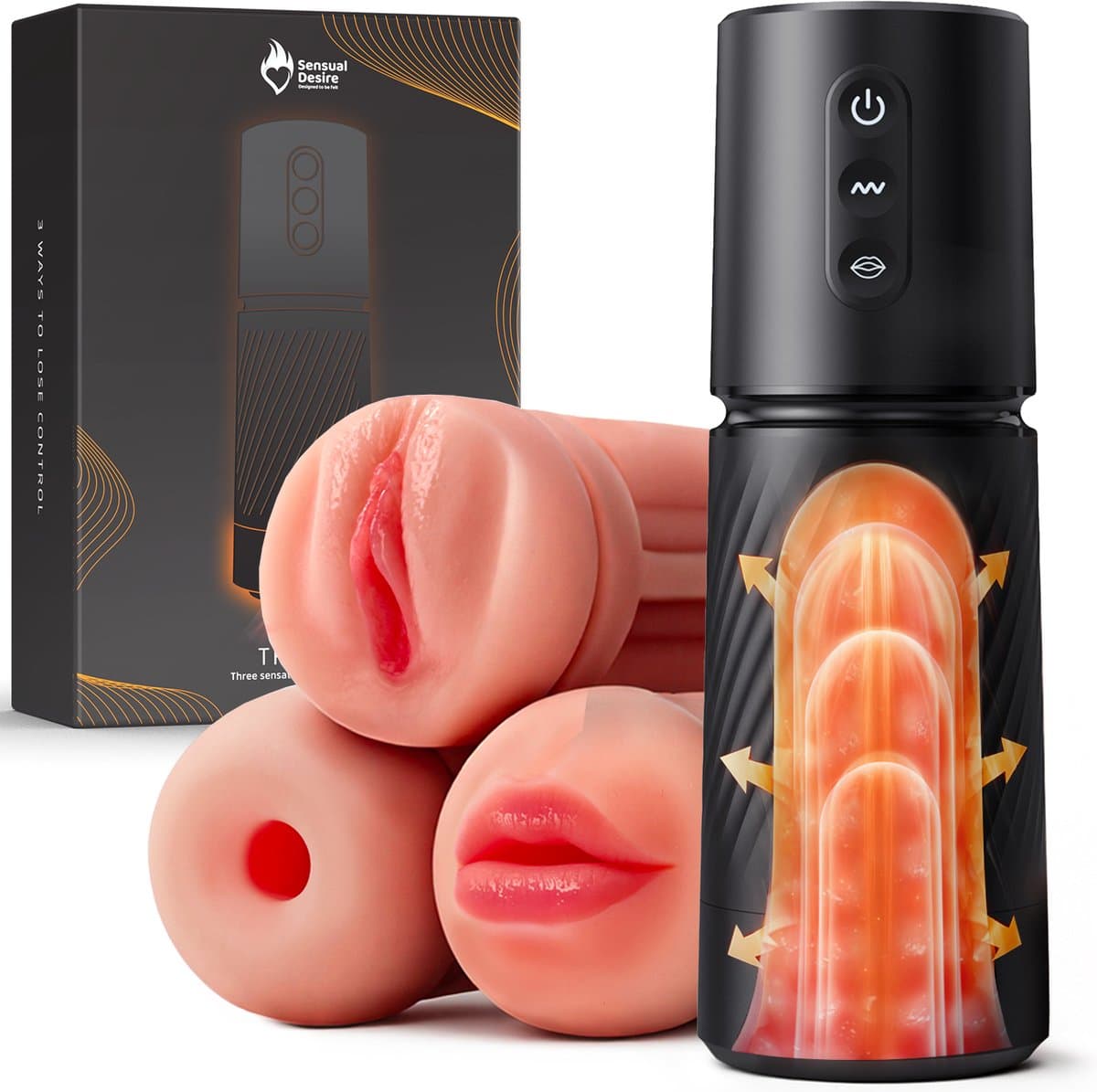 Sensual Desire® Trinity Automatische Masturbator voor Man - Pocket Pussy met 3 Verwisselbare Sleeves - Vibratie & Zuigkracht - Realistische Mond, Vagina & Anus - Sex Toys voor Mannen — afbeelding 1