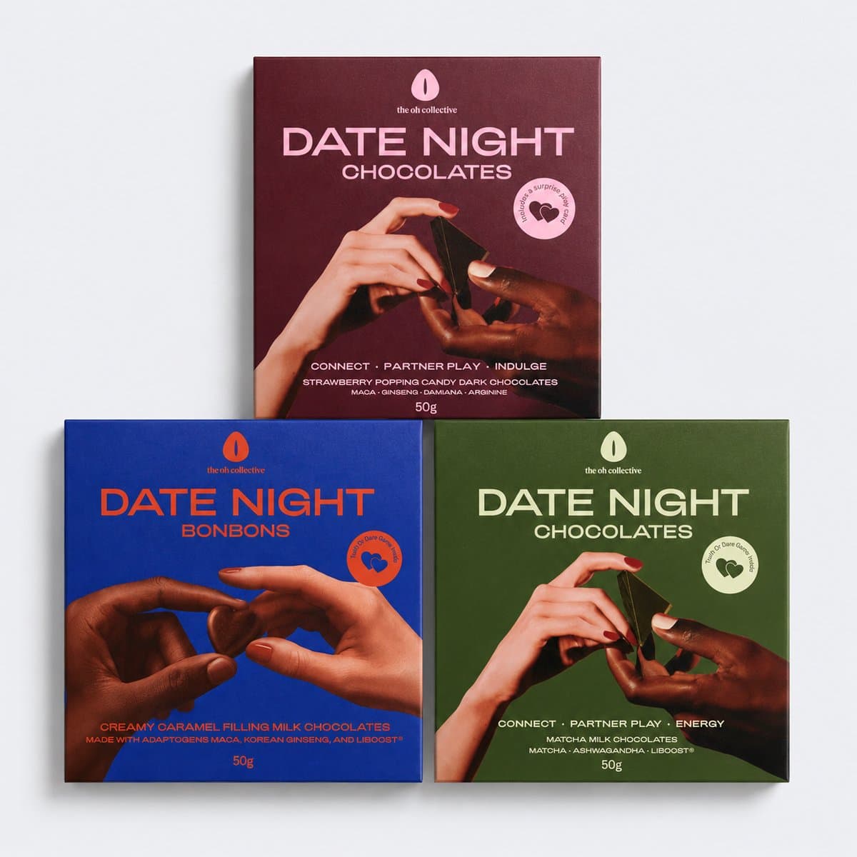 Date Night Chocolade Bundel – Lustverhogende Chocolades - 100% natuurlijk - Pure Chocolade, Matcha & Bonbons – Voor Koppels – 3 Verpakkingen — afbeelding 1