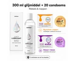 condooms en glijmiddel set – Satisfyer glijmiddel waterbasis 300 ml + FiTONE condooms 20 stuks – ribbels en noppen – 52 mm