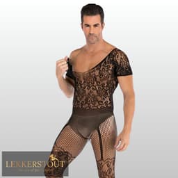 LekkerStout Heren Catsuit met Open Kruis - Zwart - Visnet Herenlingerie - One Size S-XL | LS141 — thumbnail 5
