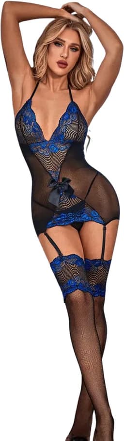 Sexy Lingerieset Dames – Erotische Lingerie – Jarretel Jurkje met Kousen – Zwart & Blauw Kant – Catsuit Erotisch – Lingerie Setje met Jarretels – Verleidelijke Lingerie – Sexy Boudoir Look – Kinky en Luxe – Dare to Undress – One Size — thumbnail 2