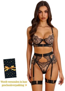 Luxe Lingerieset Dames – Lingerie Erotisch – Sexy Lingerie – 4-delige set – Zwart Kant – Lingerie Setje – Verleidelijke BH met Jarretels & Hoge Taille String – Sexy Lingerie – Chique – Luxe –Boudoir Look – Kinky – Erotisch – Maat XS/S, M, L, XL, XXL — thumbnail 1