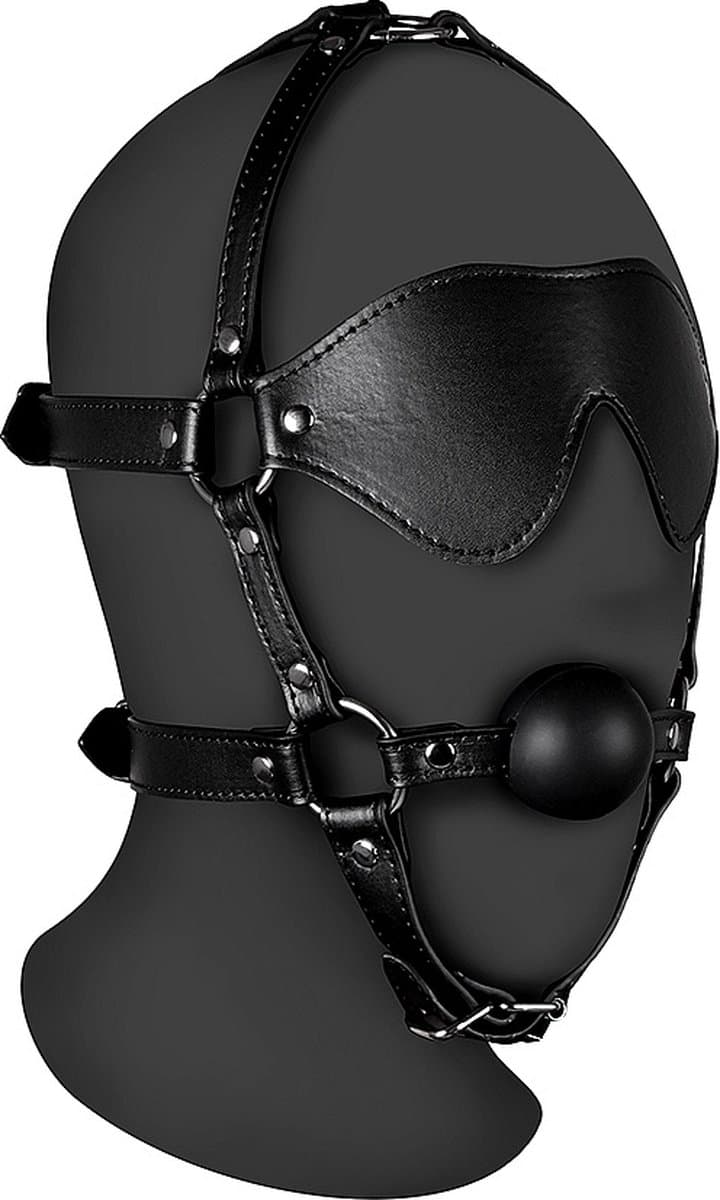 Blindfolded Head Harness met Solid Ball Gag - Zwart — afbeelding 1