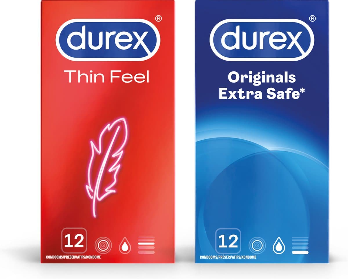 Durex - 24 stuks Condooms - Thin Feel 1x12 stuks - Extra Safe 1x12 stuks - Voordeelverpakking — afbeelding 1