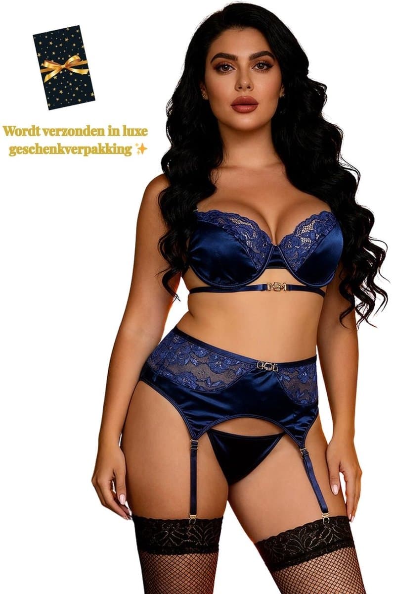 Sexy 3-Delige Lingerieset Dames – BH-Set met Jarretels– Lingerie Erotisch Dames – Erotische Lingerie – Sexy Lingerie – Chique – High End Exlusieve – Satijn en Kant – Push Up – Luxe Nachtkleding – Clubwear – Wasteland – Dare to Undress – Maat XL — afbeelding 1