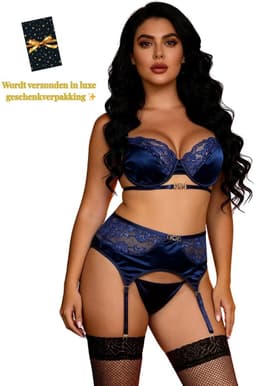Sexy 3-Delige Lingerieset Dames – BH-Set met Jarretels– Lingerie Erotisch Dames – Erotische Lingerie – Sexy Lingerie – Chique – High End Exlusieve – Satijn en Kant – Push Up – Luxe Nachtkleding – Clubwear – Wasteland – Dare to Undress – Maat XL — thumbnail 1