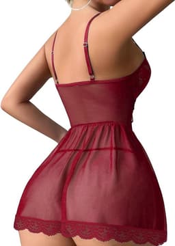 Luxe Dames Babydoll Lingerie Set – Kant & Mesh Nachtjurkje met Jarretels – Verleidelijke Nachtmode – Bordeaux — thumbnail 2